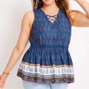 Maurice’s-NEW Blue Paisley Sleeveless Tank Babydoll Tie Front Cottagecore Large